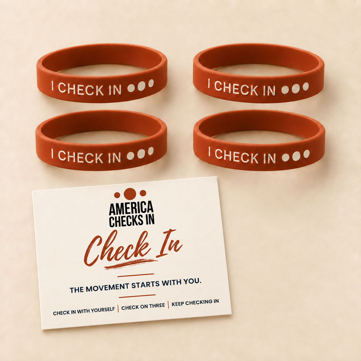 Four Clay Rust I CHECK IN wristbands with the America Checks In Check In card