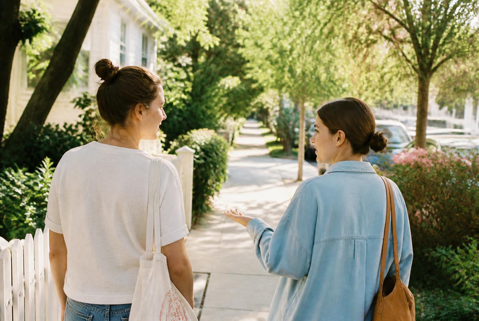 Two friends walking together down a sunlit neighborhood sidewalk at the easy end of a conversation.
