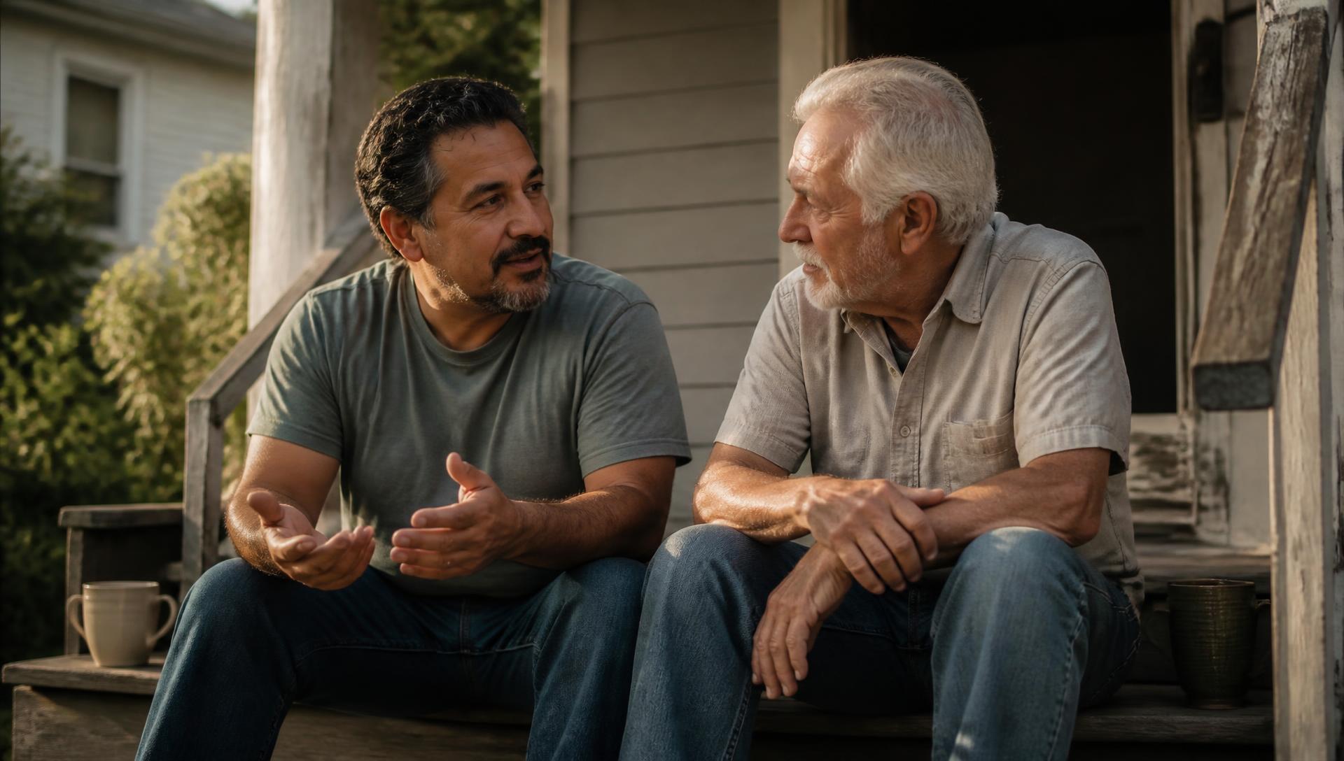 Two neighbors sitting together on a front porch step, one talking and the other listening, coffee mugs beside them.