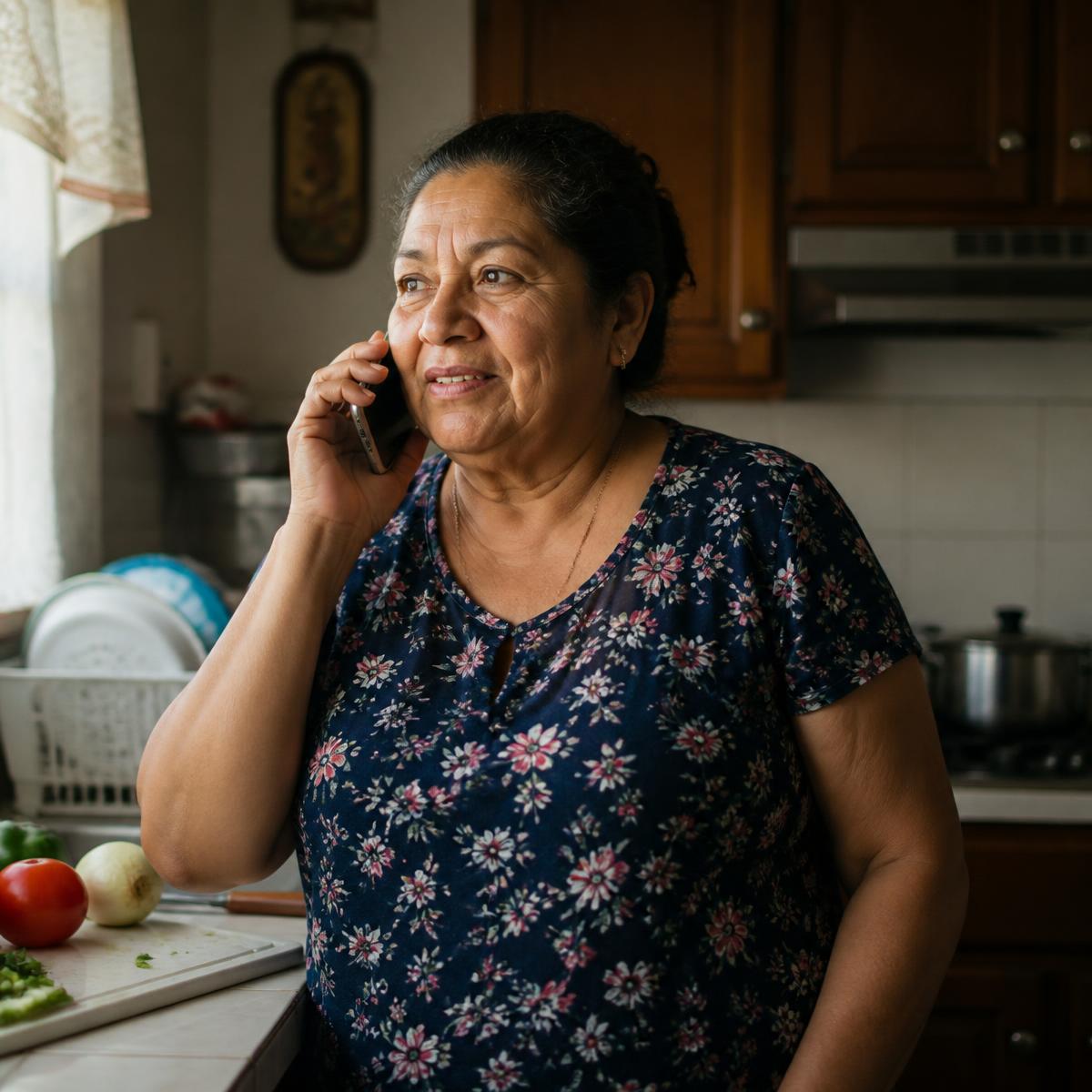 An older woman in her kitchen on the phone, checking in on someone she loves.
