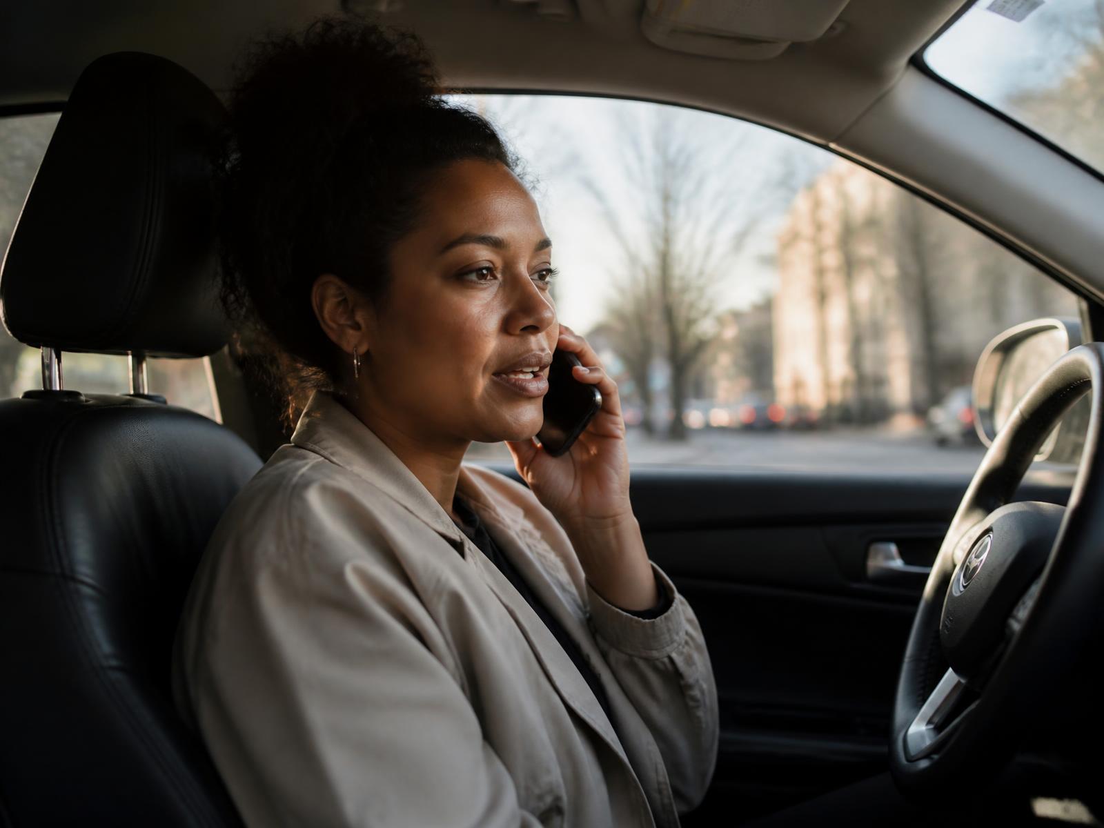 A woman sitting in her parked car after work, phone to her ear, checking in on someone.