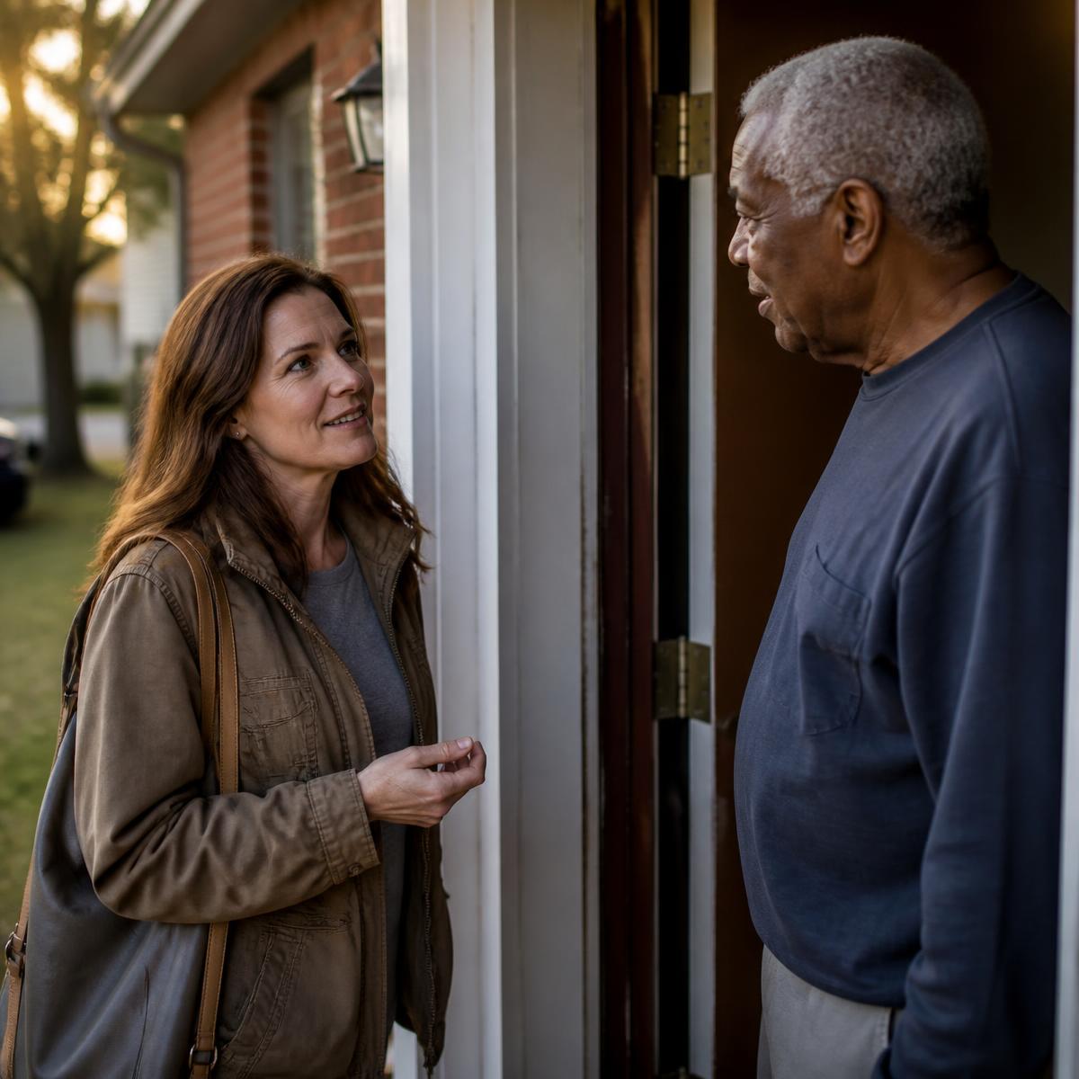 A neighbor stopping by an older man's front door to check on him.