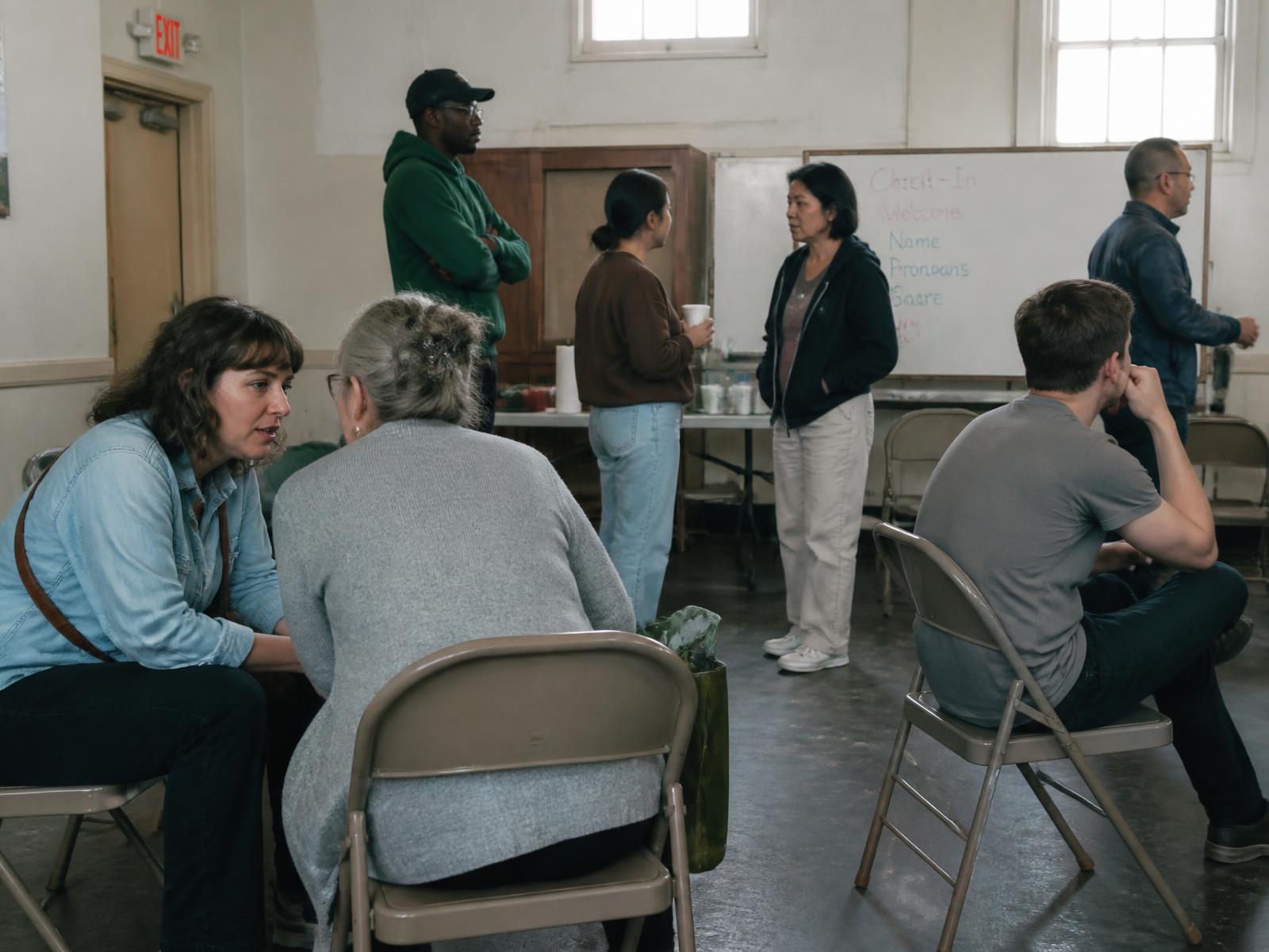 A community room mid check-in: small clusters of people of different ages talking and listening.