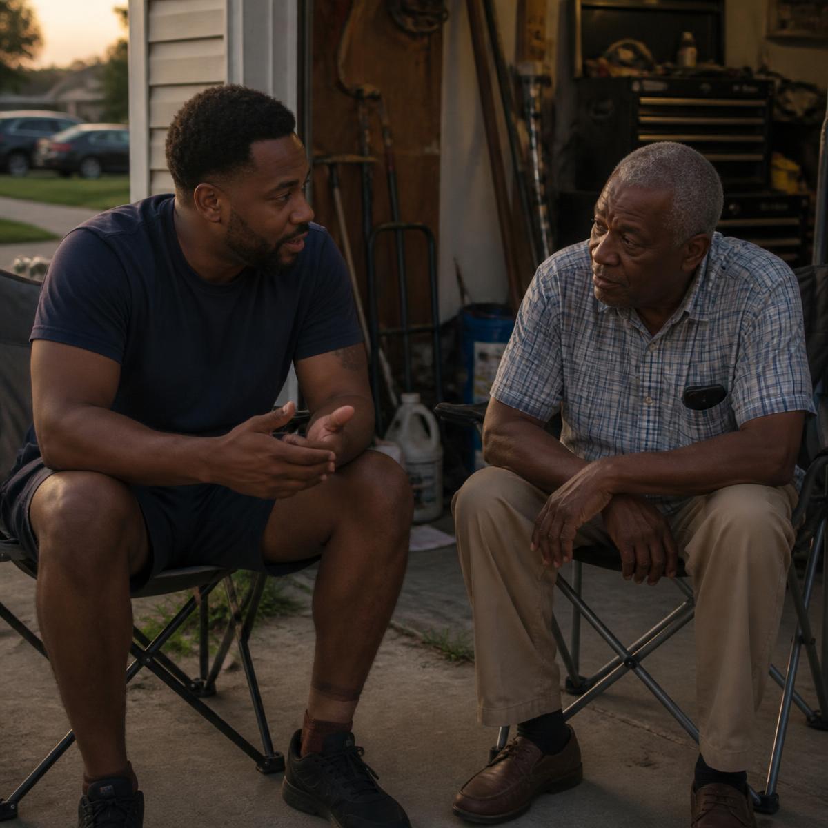 A man sitting in the garage with an older neighbor, already deep in conversation.