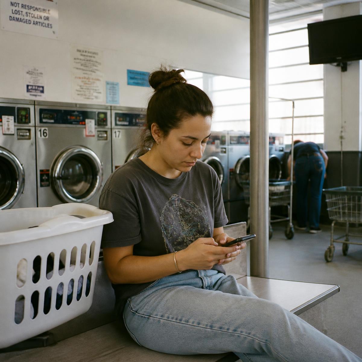 A young man at a laundromat sending a check-in message the moment someone crosses his mind.